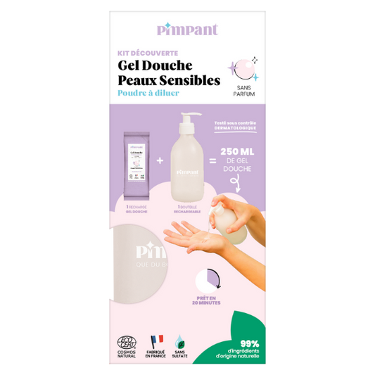 Pimpant -- Kit découverte Gel douche sans parfum poudre à diluer - 1 bouteille + 1 recharge